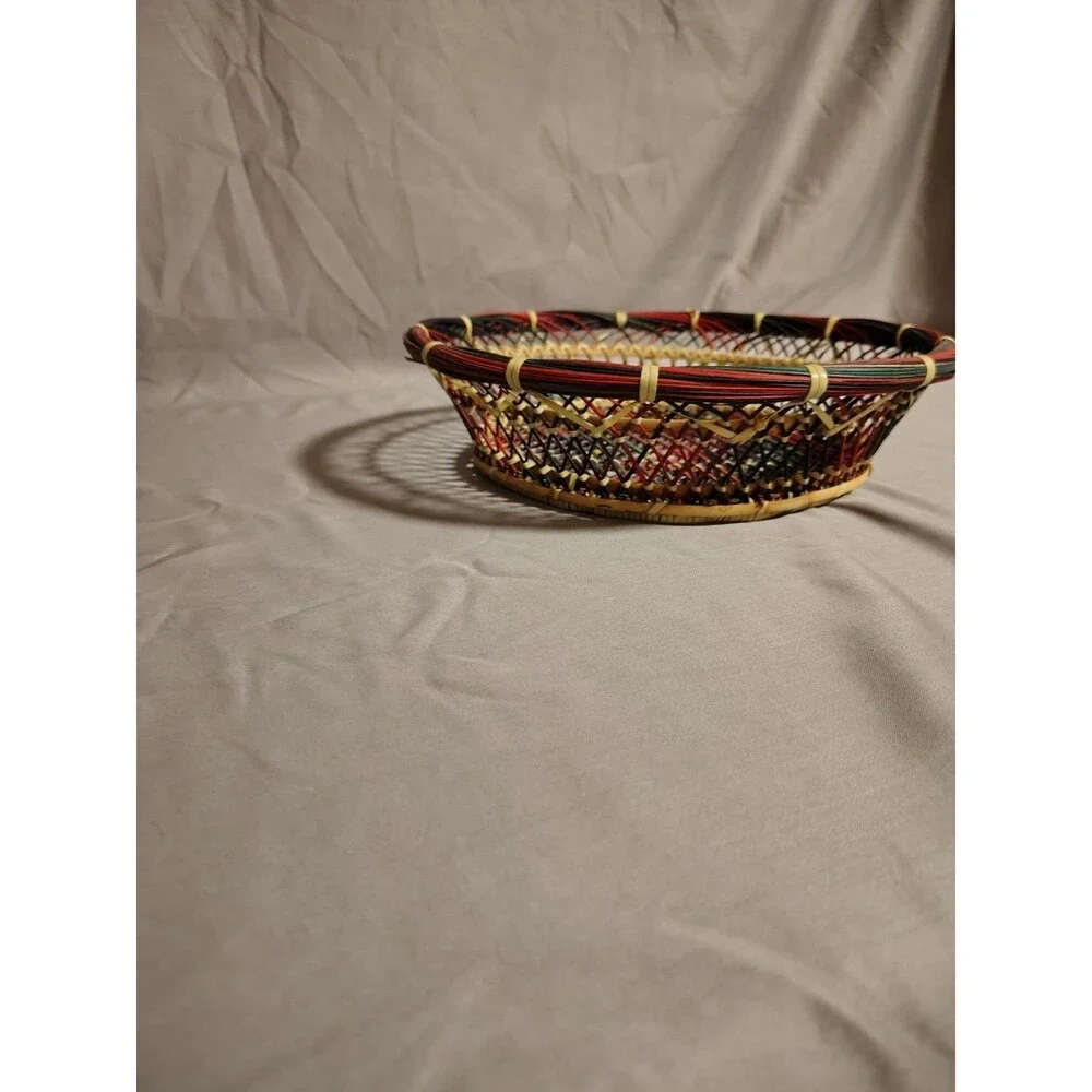 Vintage Multicolor Wicker Rattan Woven Basket Bowl Boho Decor Boho Chic MCM
